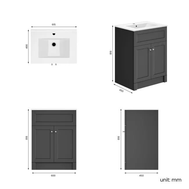 Milos Slate Grey Basin Vanity 600mm - Brushed Handles