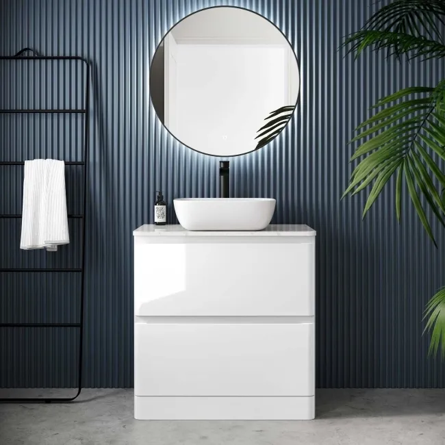 Corsica Gloss White Vanity Drawer with Marble Top & Curved Counter Top Basin 800mm