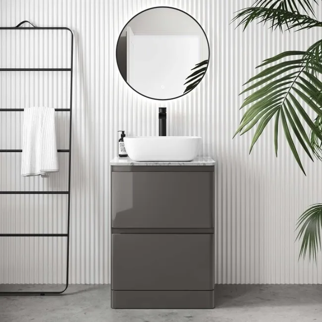 Corsica Tungsten Grey Vanity Drawer with Marble Top & Curved Counter Top Basin 600mm