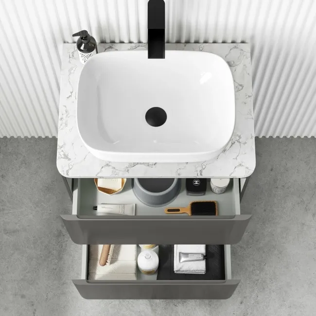 Corsica Tungsten Grey Vanity Drawer with Marble Top & Curved Counter Top Basin 600mm