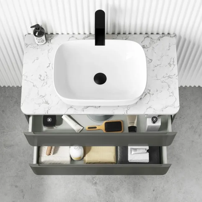 Corsica Tungsten Grey Wall Hung Drawer Vanity with Marble Top & Curved Counter Top Basin 800mm