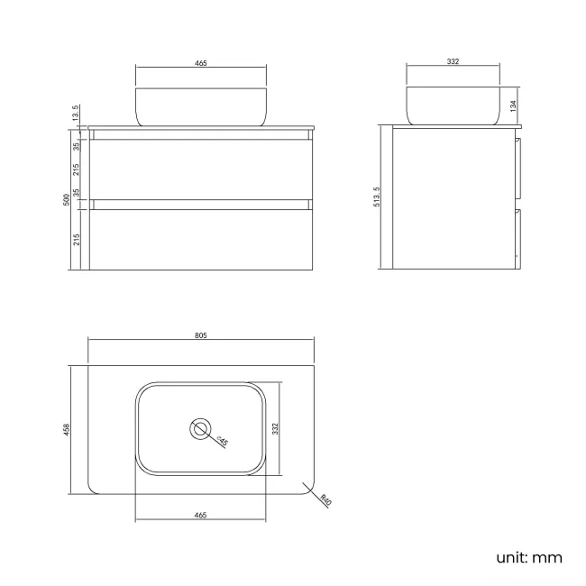 Corsica Tungsten Grey Wall Hung Drawer Vanity with Marble Top & Curved Counter Top Basin 800mm