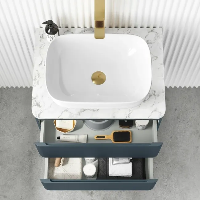 Corsica Inky Blue Wall Hung Drawer Vanity with Marble Top & Curved Counter Top Basin 600mm