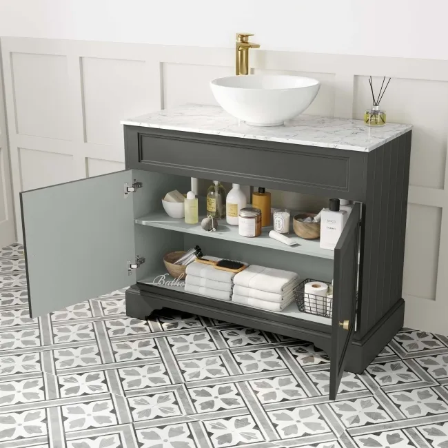 Lucia Graphite Grey Vanity with Marble Top & Round Counter Top Basin 1030mm - Brushed Brass Accents