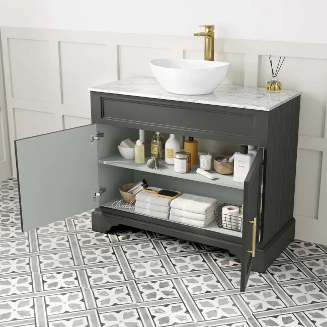Lucia Graphite Grey Vanity with Marble Top & Oval Counter Top Basin 1030mm - Brass Knurled Handles