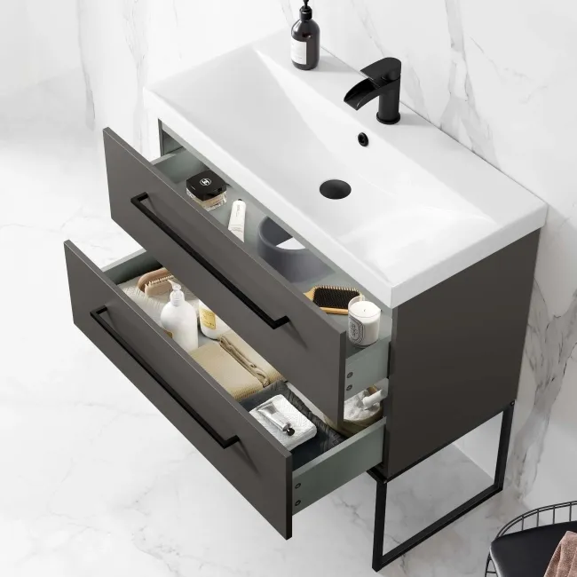 Elba Graphite Grey Wall Hung Basin Drawer Vanity 800mm with Matt Black Stand