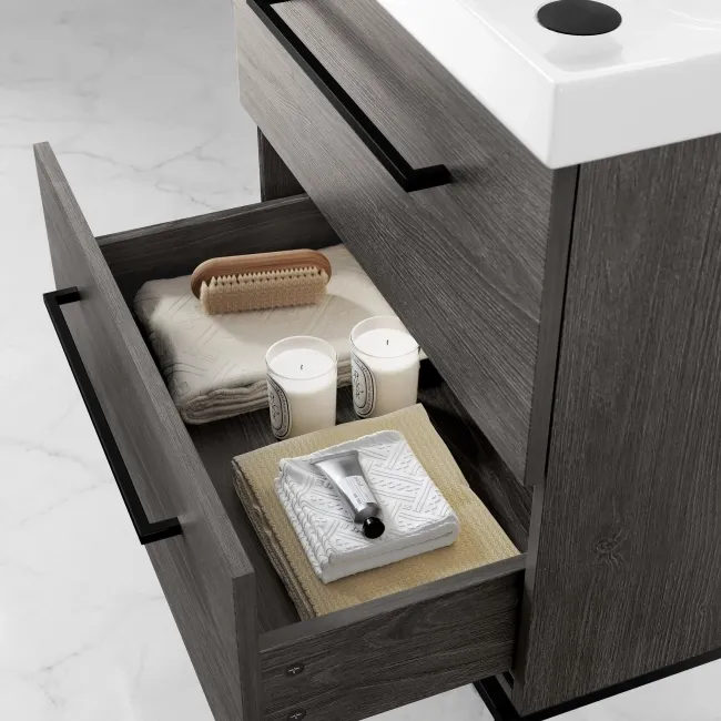 Elba Charcoal Elm Wall Hung Basin Drawer Vanity 600mm with Matt Black Stand