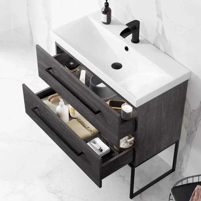 Elba Charcoal Elm Wall Hung Basin Drawer Vanity 800mm with Matt Black Stand