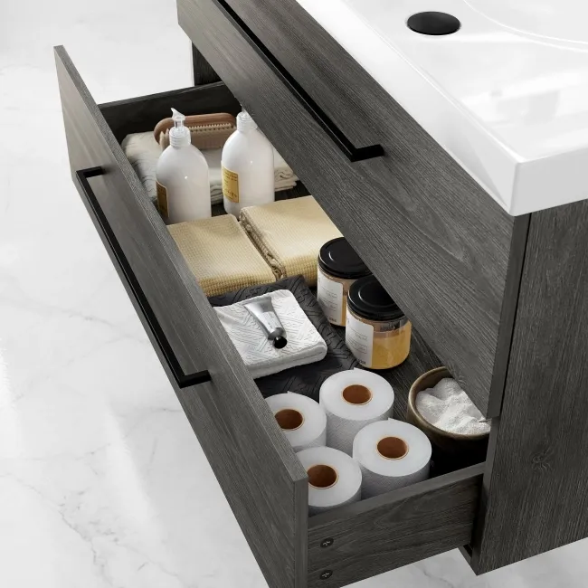 Elba Charcoal Elm Wall Hung Basin Drawer Vanity 1000mm - Black Accents