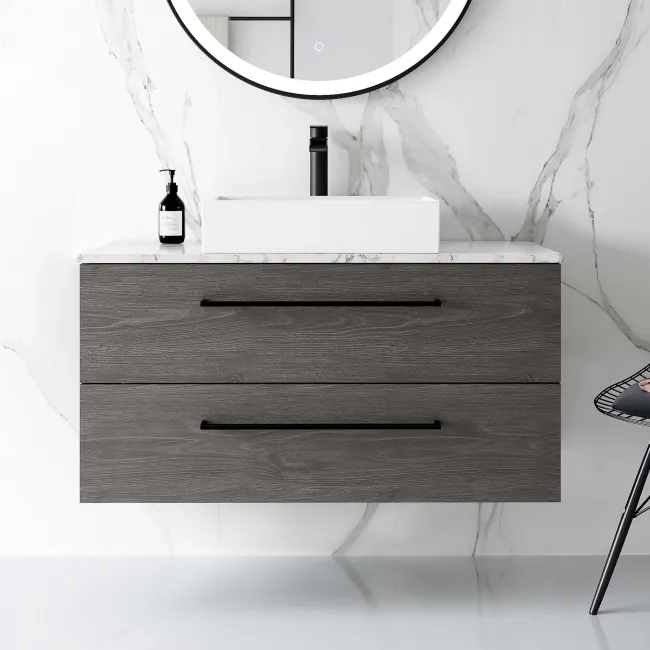 Elba Charcoal Elm Wall Hung Drawer Vanity with Marble Top & Cody Basin 1000mm - Black Accents