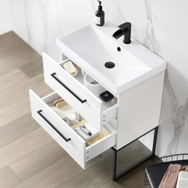 Elba Gloss White Wall Hung Basin Drawer Vanity 600mm with Matt Black Stand