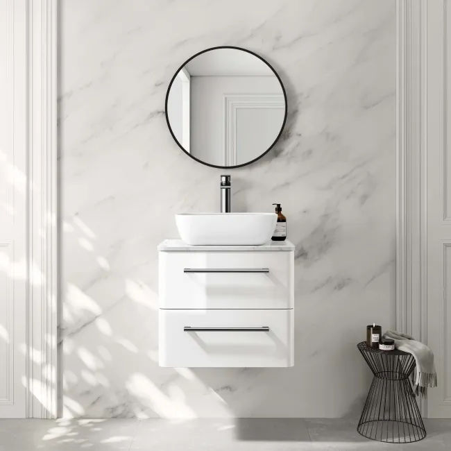 Omaha Gloss White Wall Hung Drawer Vanity with Marble Top & Curved Counter Top Basin 600mm
