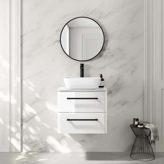 Omaha Gloss White Wall Hung Drawer Vanity with Marble Top & Curved Counter Top Basin 600mm - Black Accents