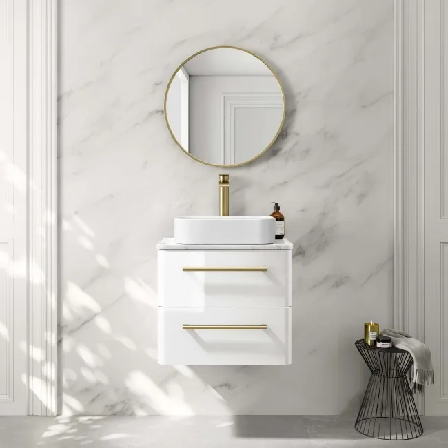Omaha Gloss White Wall Hung Drawer Vanity with Marble Top & Marin Basin 600mm - Brushed Brass Accents