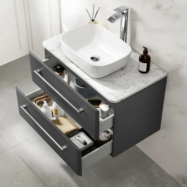 Omaha Slate Grey Wall Hung Drawer Vanity with Marble Top & Curved Counter Top Basin 800mm