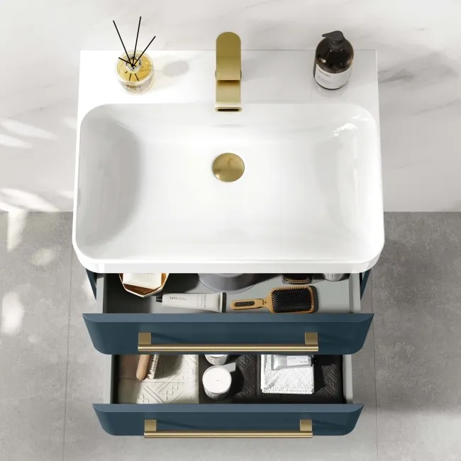 Omaha Navy Blue Wall Hung Basin Drawer Vanity 600mm - Brushed Brass Accents