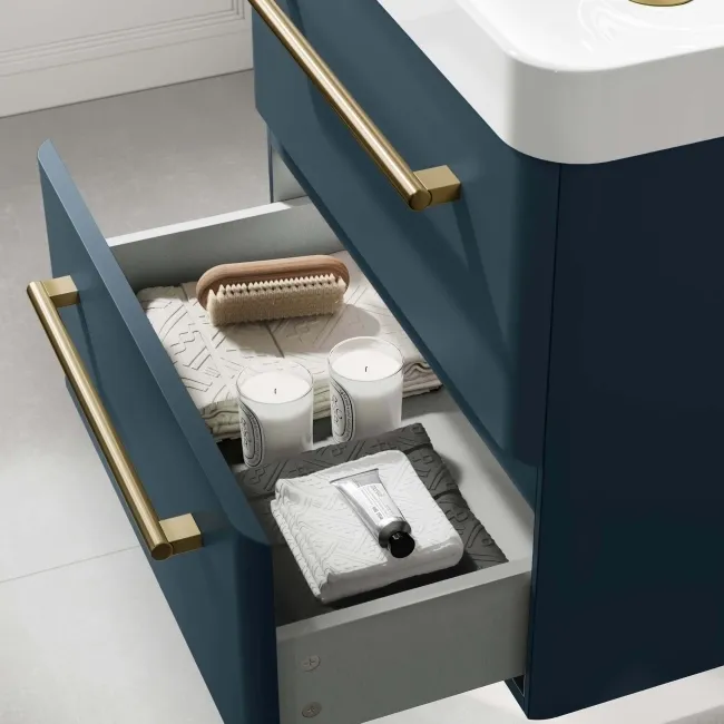 Omaha Navy Blue Wall Hung Basin Drawer Vanity 600mm - Brushed Brass Accents