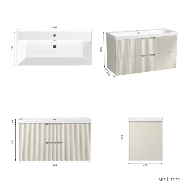 Crete Fluted Linen White Wall Hung Basin Drawer Vanity 1000mm