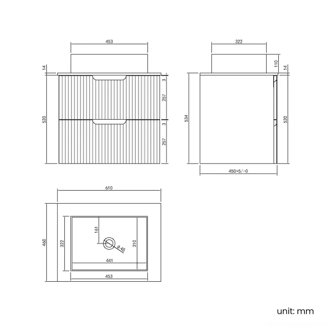Crete Fluted Apex Oak Wall Hung Drawer Vanity with Marble Top & Cody Basin 600mm