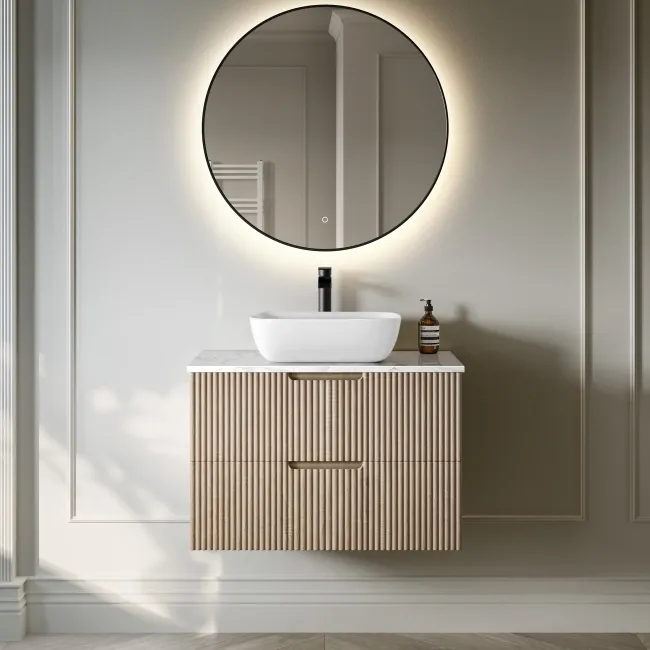 Crete Fluted Apex Oak Wall Hung Drawer Vanity with Marble Top & Curved Basin 800mm