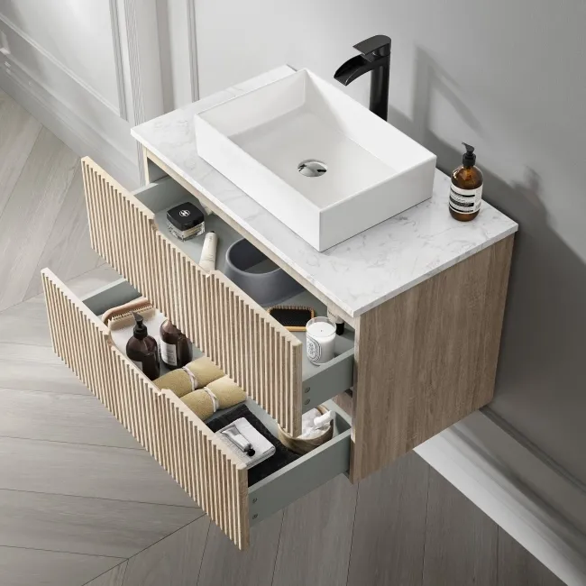 Crete Fluted Apex Oak Wall Hung Drawer Vanity with Marble Top & Cody Basin 800mm