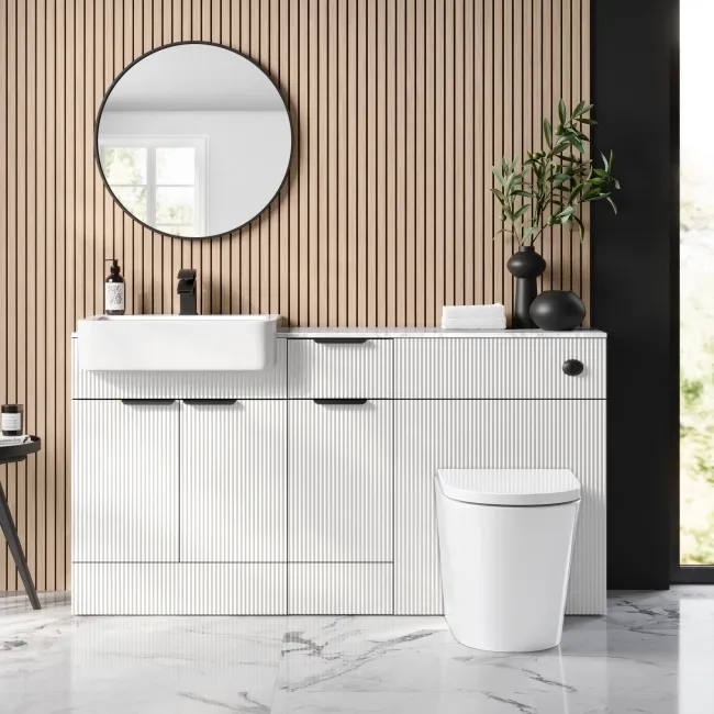 Sicily Fluted Coastal White Combination Vanity Basin with Marble Top & Boston Toilet 1500mm - Black Accents