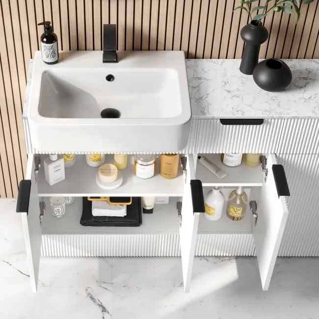 Sicily Fluted Coastal White Combination Vanity Basin with Marble Top & Boston Toilet 1500mm - Black Accents