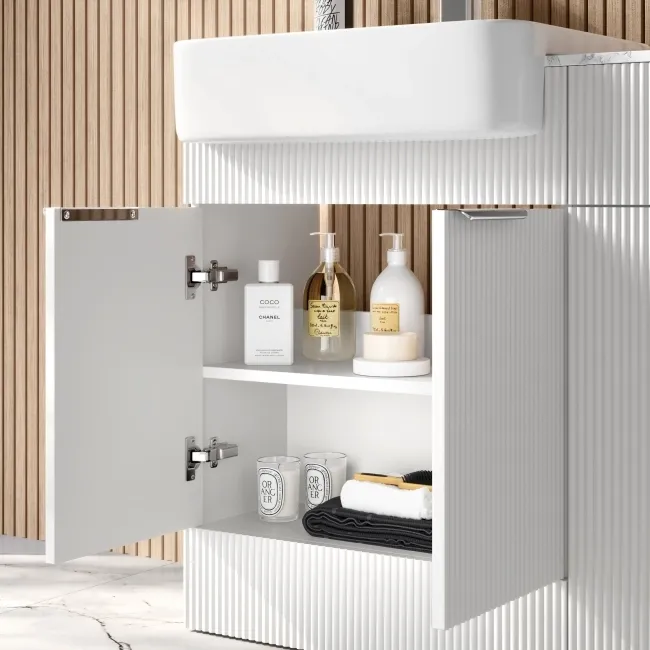 Sicily Fluted Coastal White Basin Vanity with Marble Top & Back To Wall Unit 1200mm (Excludes Toilet) - Chrome Handles