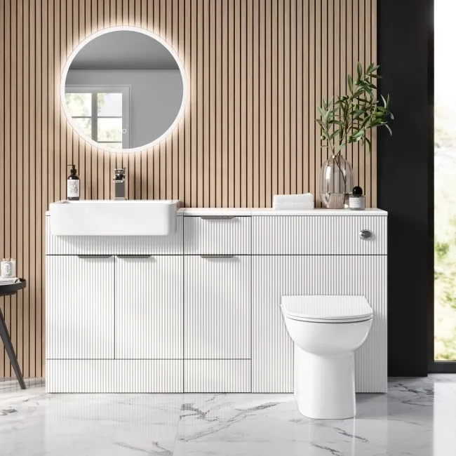 Sicily Fluted Coastal White Combination Vanity Basin and Aruba Toilet 1500mm - Chrome Handles
