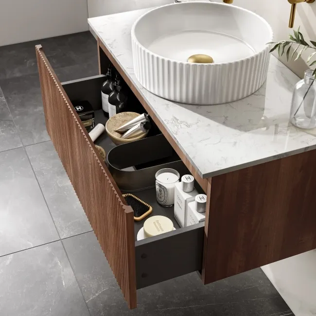 Malta Fluted Black Walnut Wall Hung Drawer Vanity with Marble Top & Nevis Basin 800mm