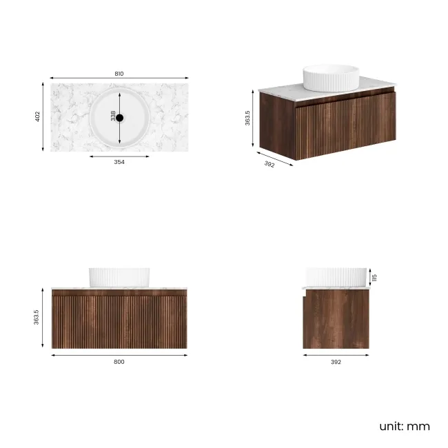 Malta Fluted Black Walnut Wall Hung Drawer Vanity with Marble Top & Nevis Basin 800mm