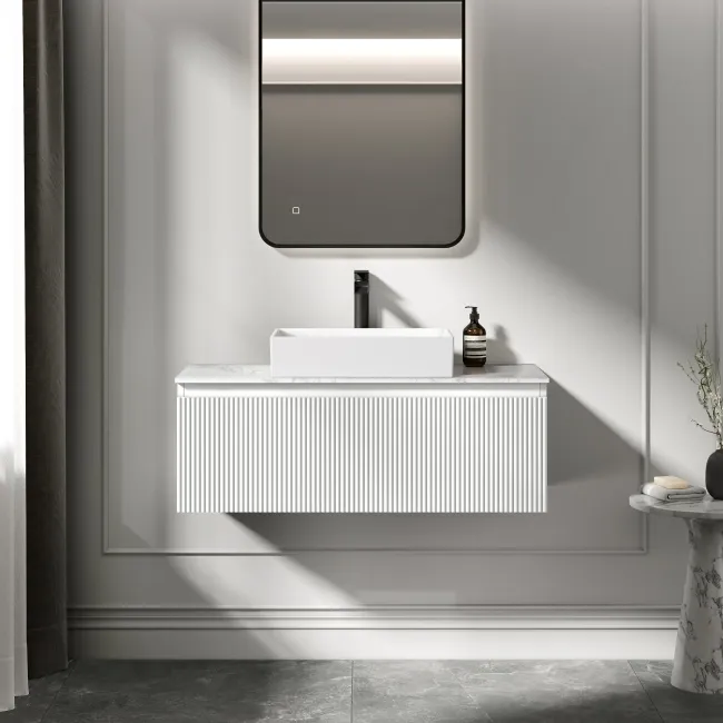 Malta Fluted Coastal White Wall Hung Drawer Vanity with Marble Top & Cody Basin 1000mm