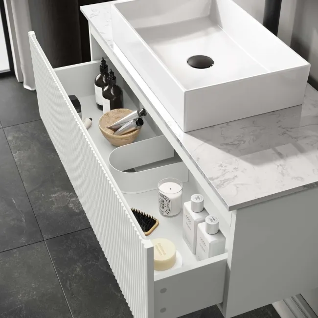 Malta Fluted Coastal White Wall Hung Drawer Vanity with Marble Top & Cody Basin 1000mm