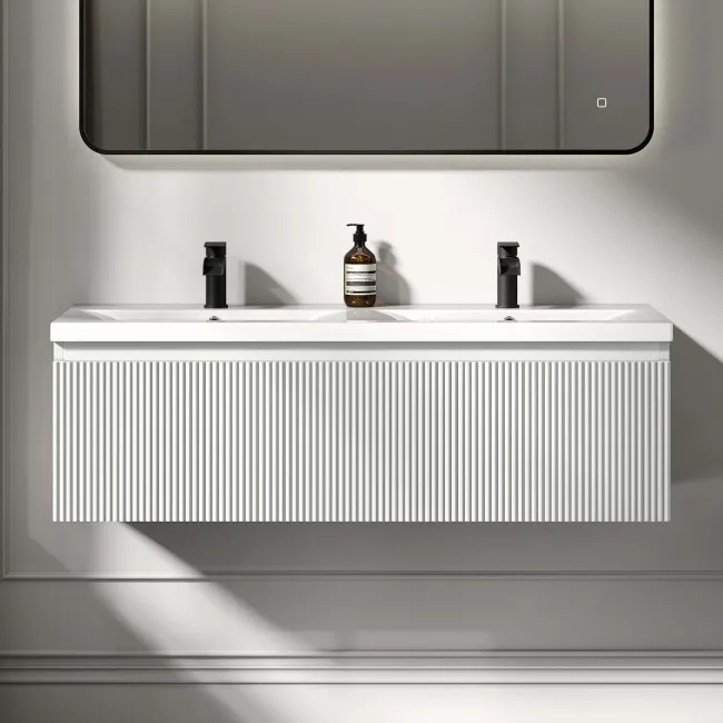 Malta Fluted Coastal White Wall Hung Double Basin Drawer Vanity 1200mm