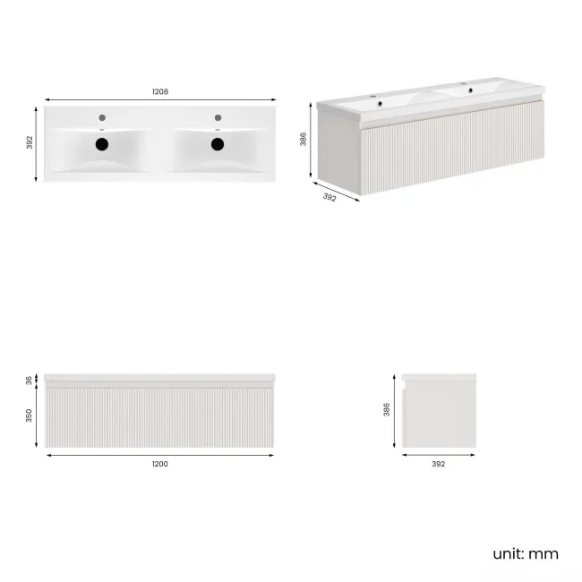 Malta Fluted Coastal White Wall Hung Double Basin Drawer Vanity 1200mm