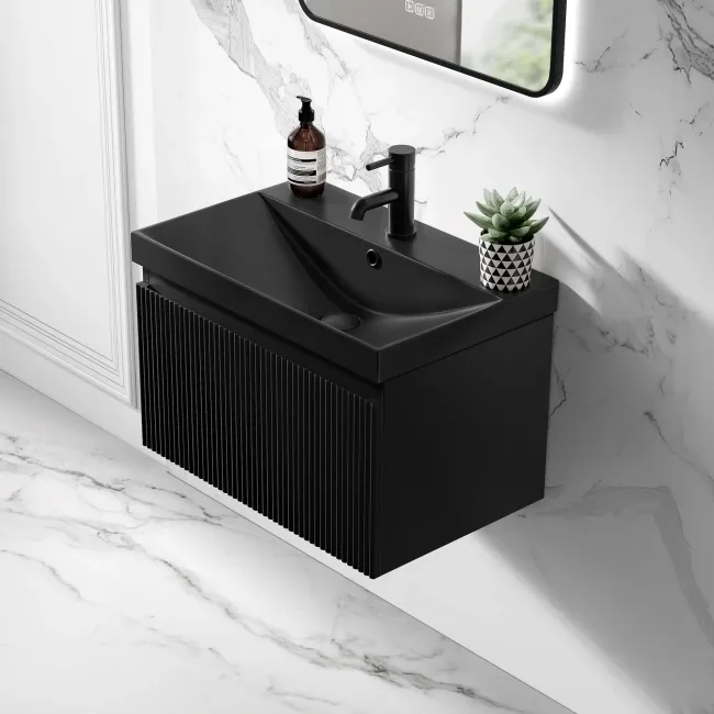 Malta Fluted Matt Black Wall Hung Drawer Vanity with Matt Black Basin 600mm