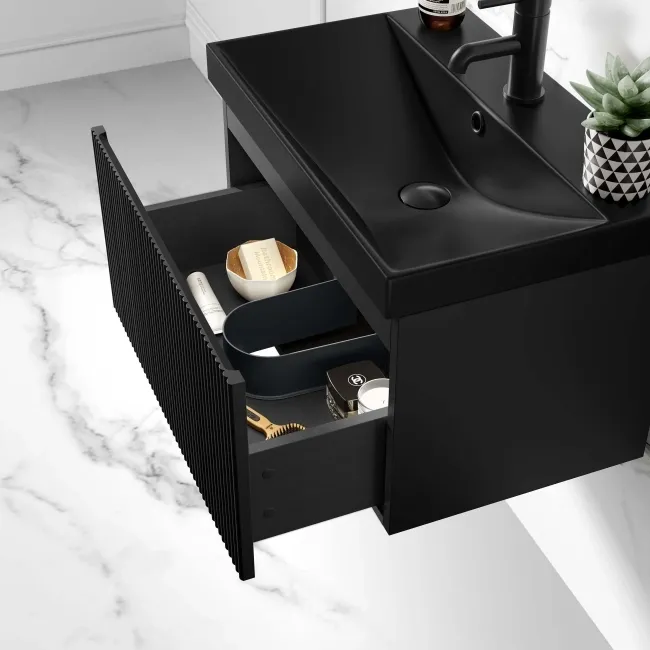 Malta Fluted Matt Black Wall Hung Drawer Vanity with Matt Black Basin 600mm