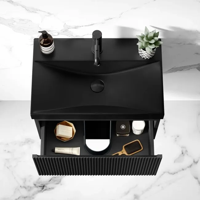 Malta Fluted Matt Black Wall Hung Drawer Vanity with Matt Black Basin 600mm