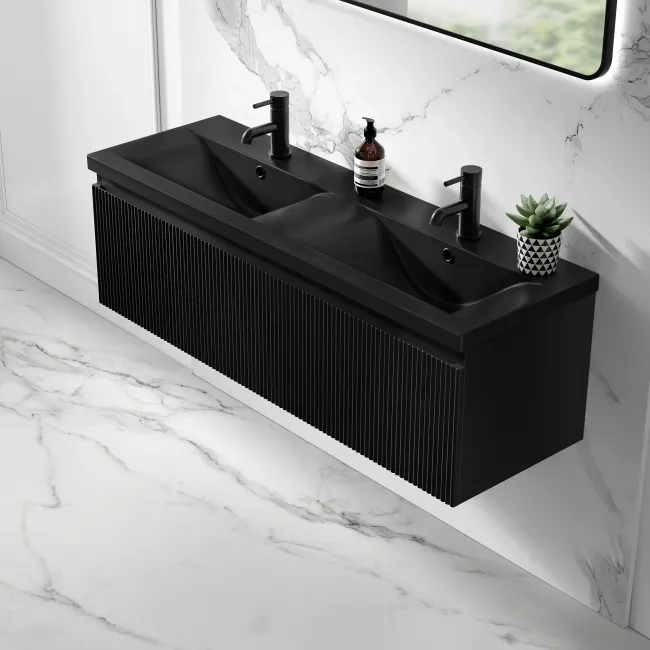 Malta Fluted Matt Black Wall Hung Drawer Vanity with Matt Black Double Basin 1200mm