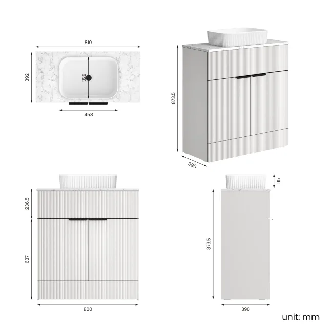 Havana Fluted Coastal White Cabinet with Marble Top & Reno Basin 800mm - Black Accents