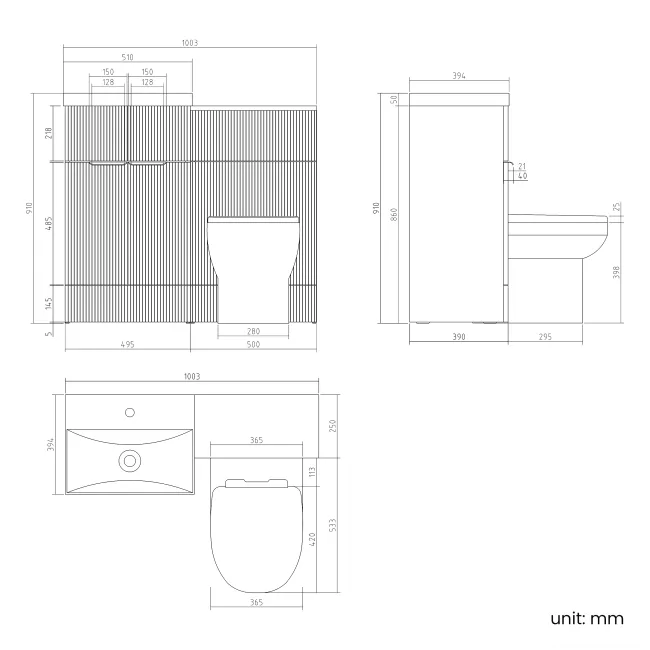 Havana Fluted Coastal White Combination Vanity Basin and Miami Toilet 1000mm - Black Accents