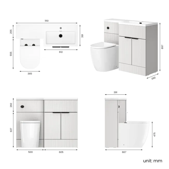 Havana Fluted Coastal White Combination Vanity Basin and Utah Comfort Height Toilet 1100mm - Black Accents - Right Handed