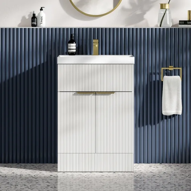 Havana Fluted Coastal White Basin Vanity 600mm - Brushed Brass Accents