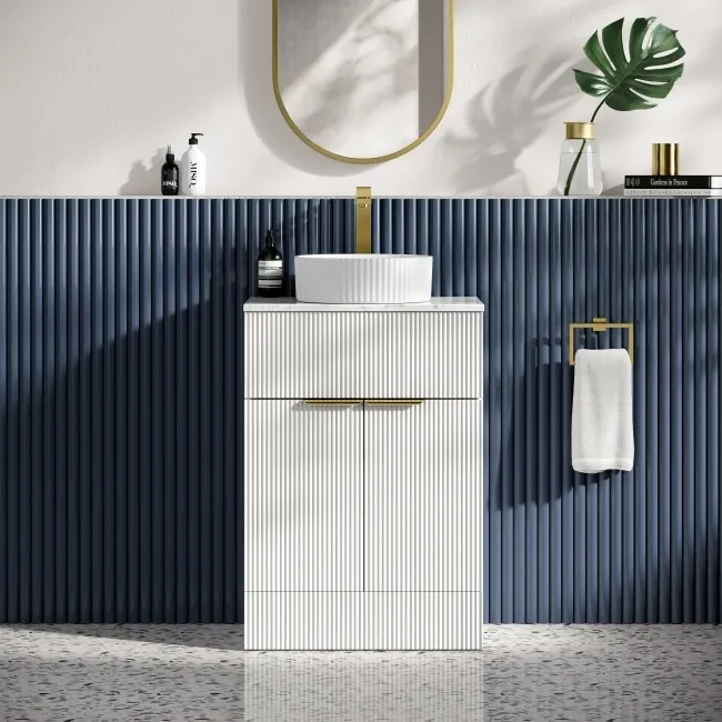 Havana Fluted Coastal White Cabinet with Marble Top & Nevis Basin 600mm - Brushed Brass Accents