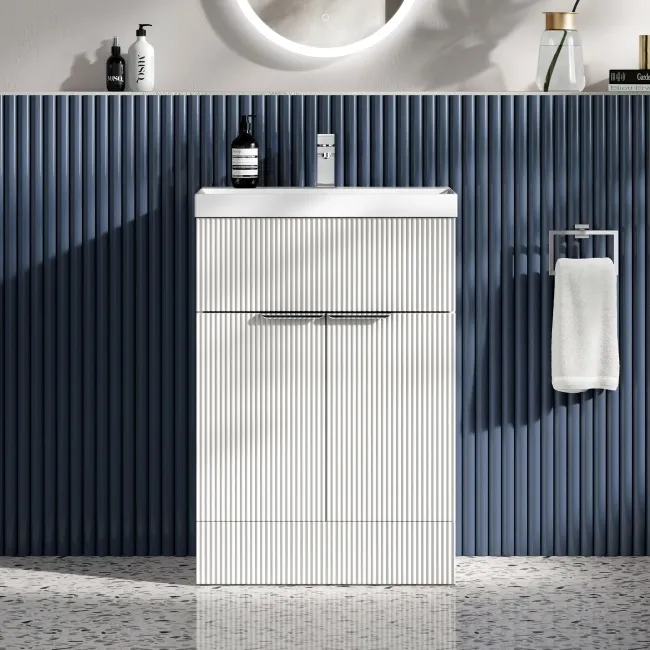 Havana Fluted Coastal White Basin Vanity 600mm - Chrome Handles