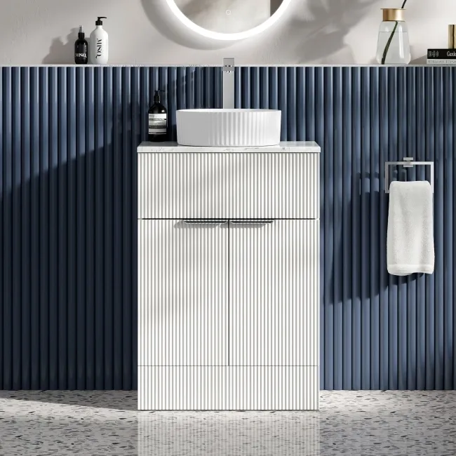 Havana Fluted Coastal White Cabinet with Marble Top & Nevis Basin 600mm - Chrome Handles
