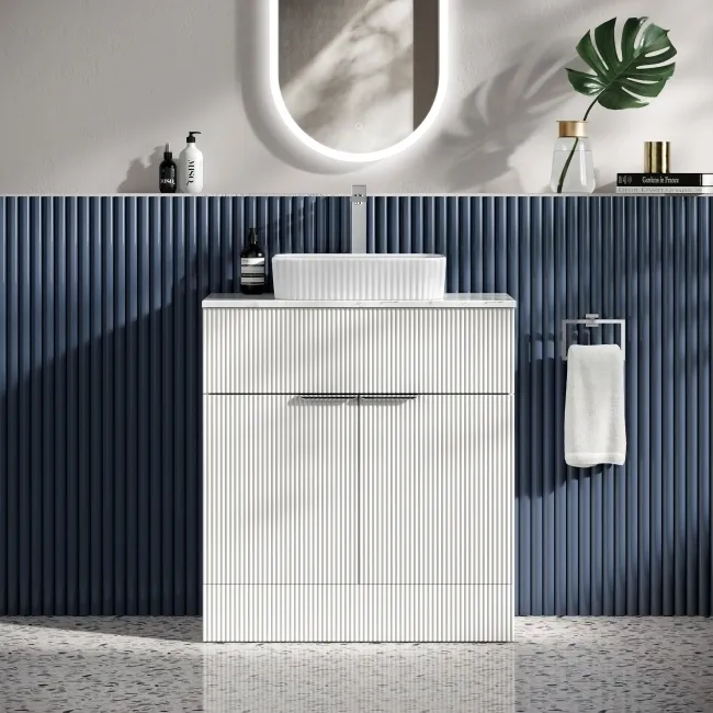 Havana Fluted Coastal White Cabinet with Marble Top & Reno Basin 800mm - Chrome Handles