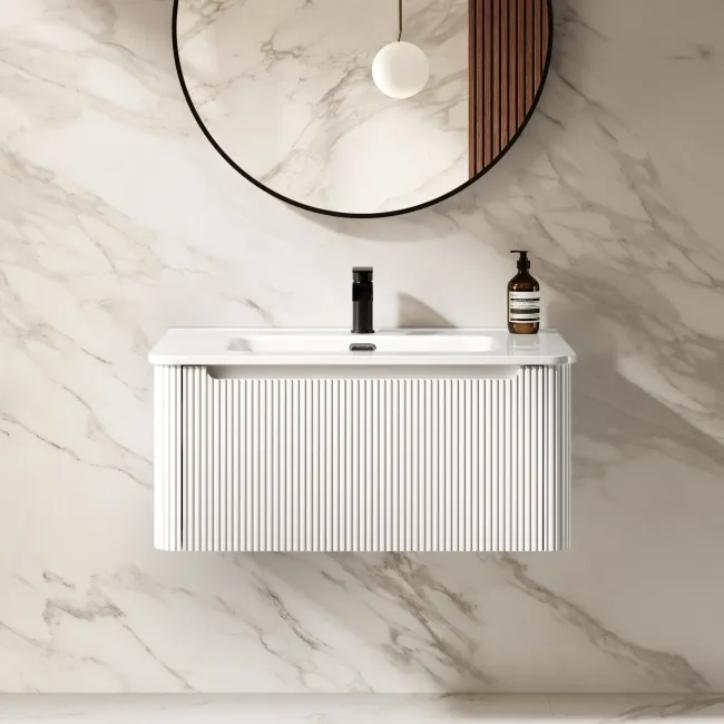 Sorrento Fluted Coastal White Wall Hung Basin Drawer Vanity 800mm