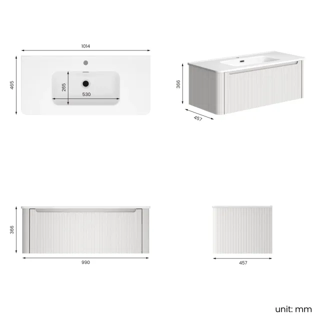 Sorrento Fluted Coastal White Wall Hung Basin Drawer Vanity 1000mm