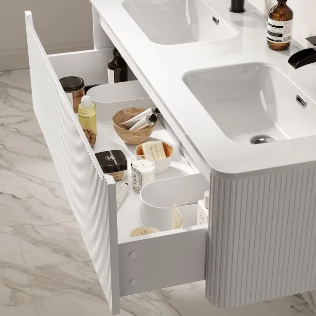 Sorrento Fluted Coastal White Wall Hung Double Basin Drawer Vanity 1200mm